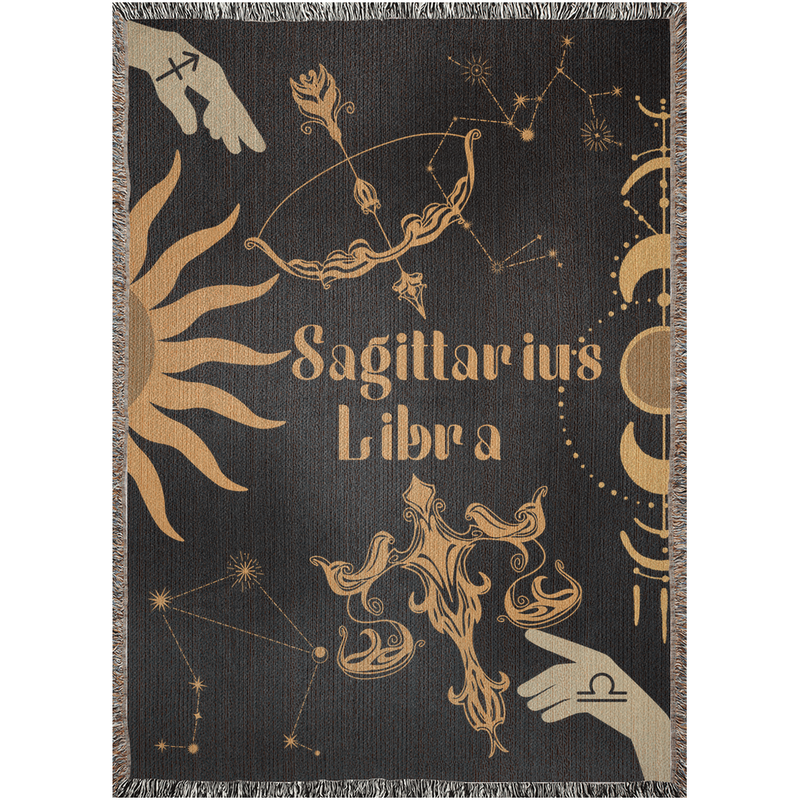 Libra and Sagittarius Zodiac Compatibility Woven Throw Tapestry - Elevate home decor with this boho-inspired, celestial charm blanket. Perfect for astrology enthusiasts, featuring Libra and Sagittarius sun signs, adding unique, artistic flair to your living space. Premium cotton, cozy, and decorative.