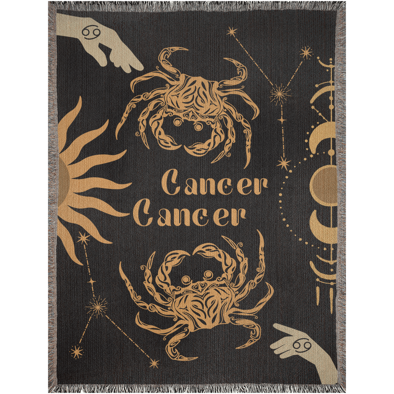 Cancer and Cancer Zodiac Compatibility Woven Throw Tapestry - Elevate home decor with this boho-inspired, celestial charm blanket. Perfect for astrology enthusiasts, featuring Cancer and Cancer sun signs, adding unique, artistic flair to your living space. Premium cotton, cozy, and decorative.