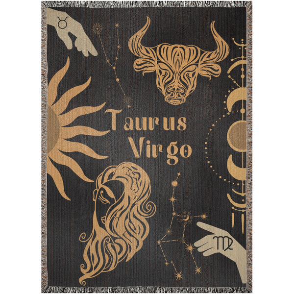 Zodiac Compatibility Match Woven Tapestry Throw Blanket | Astrology-inspired Home Decor | Taurus & Virgo Horoscope