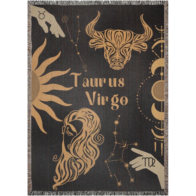 Virgo and Taurus Zodiac Compatibility Woven Throw Tapestry - Elevate home decor with this boho-inspired, celestial charm blanket. Perfect for astrology enthusiasts, featuring Virgo and Taurus sun signs, adding unique, artistic flair to your living space. Premium cotton, cozy, and decorative.