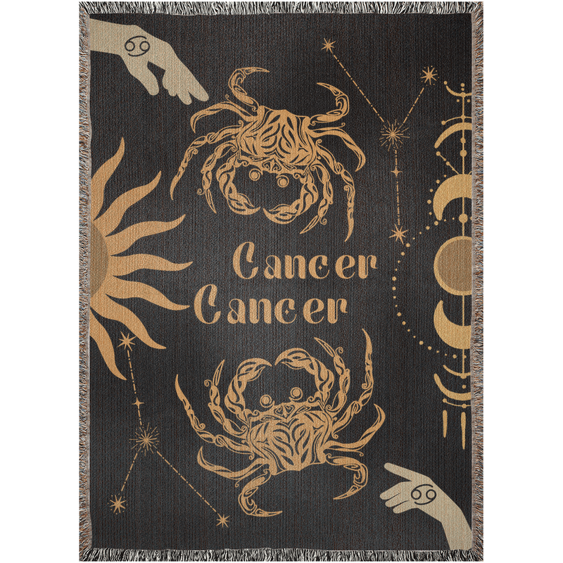 Cancer and Cancer Zodiac Compatibility Woven Throw Tapestry - Elevate home decor with this boho-inspired, celestial charm blanket. Perfect for astrology enthusiasts, featuring Cancer and Cancer sun signs, adding unique, artistic flair to your living space. Premium cotton, cozy, and decorative.