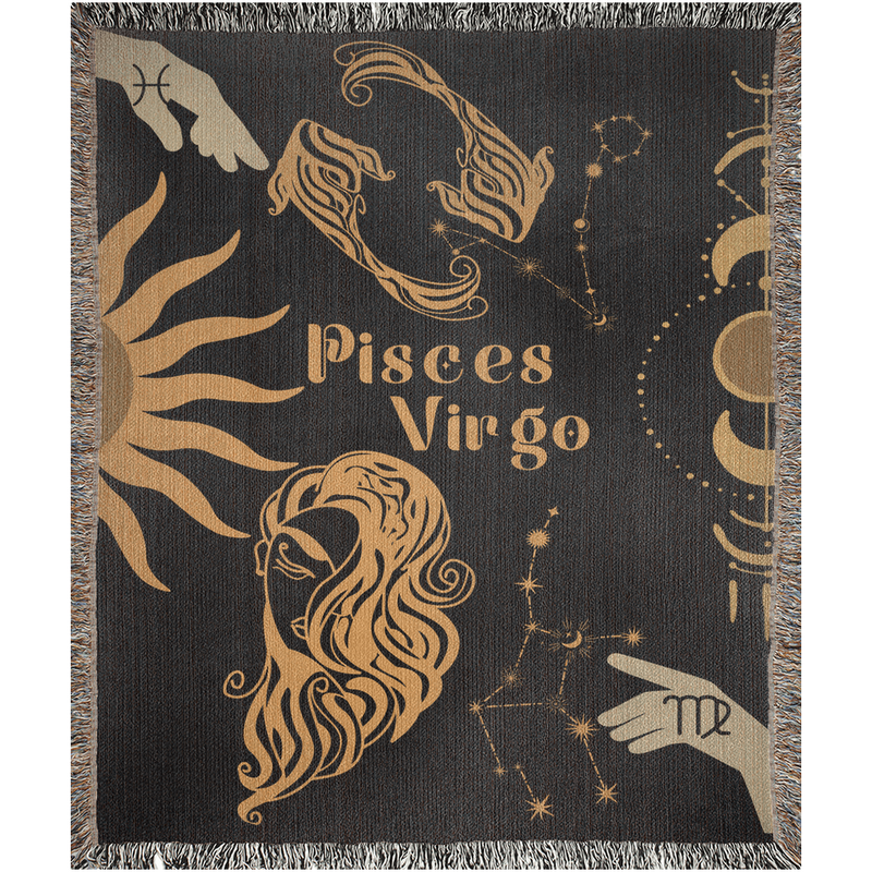 Virgo and Pisces Zodiac Compatibility Woven Throw Tapestry - Elevate home decor with this boho-inspired, celestial charm blanket. Perfect for astrology enthusiasts, featuring Virgo and Pisces sun signs, adding unique, artistic flair to your living space. Premium cotton, cozy, and decorative.