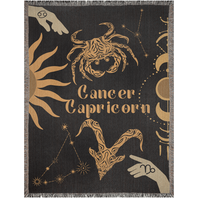 Cancer and Capricorn Zodiac Compatibility Woven Throw Tapestry - Elevate home decor with this boho-inspired, celestial charm blanket. Perfect for astrology enthusiasts, featuring Aries and Scorpio sun signs, adding unique, artistic flair to your living space. Premium cotton, cozy, and decorative.