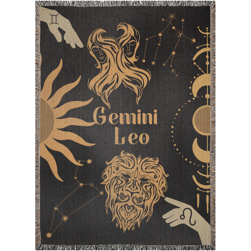 Gemini and Leo Zodiac Compatibility Woven Throw Tapestry - Elevate home decor with this boho-inspired, celestial charm blanket. Perfect for astrology enthusiasts, featuring Gemini and Leo sun signs, adding unique, artistic flair to your living space. Premium cotton, cozy, and decorative.