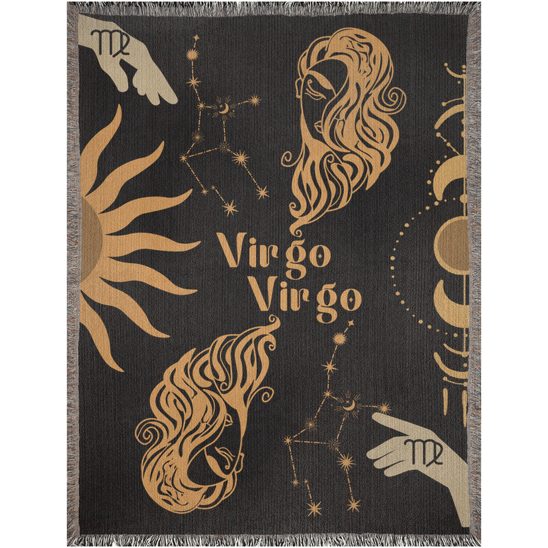 Virgo and Virgo Zodiac Compatibility Woven Throw Tapestry - Elevate home decor with this boho-inspired, celestial charm blanket. Perfect for astrology enthusiasts, featuring Virgo and Virgo sun signs, adding unique, artistic flair to your living space. Premium cotton, cozy, and decorative.