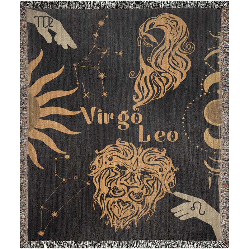 Virgo and Leo Zodiac Compatibility Woven Throw Tapestry - Elevate home decor with this boho-inspired, celestial charm blanket. Perfect for astrology enthusiasts, featuring Virgo and Leo sun signs, adding unique, artistic flair to your living space. Premium cotton, cozy, and decorative.