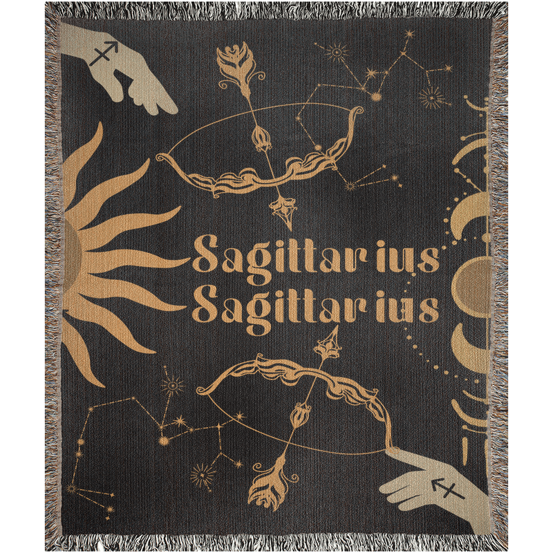 Sagittarius and Sagittarius Zodiac Compatibility Woven Throw Tapestry - Elevate home decor with this boho-inspired, celestial charm blanket. Perfect for astrology enthusiasts, featuring Sagittarius and Sagittarius sun signs, adding unique, artistic flair to your living space. Premium cotton, cozy, and decorative.