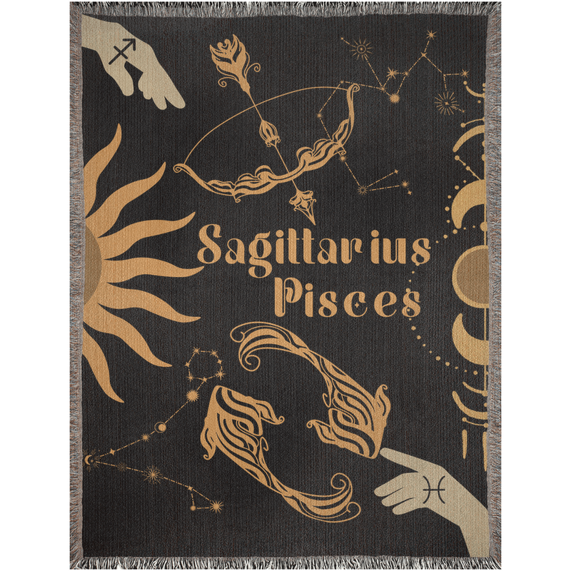 Pisces and Sagittarius Zodiac Compatibility Woven Throw Tapestry - Elevate home decor with this boho-inspired, celestial charm blanket. Perfect for astrology enthusiasts, featuring Pisces and Sagittarius sun signs, adding unique, artistic flair to your living space. Premium cotton, cozy, and decorative.