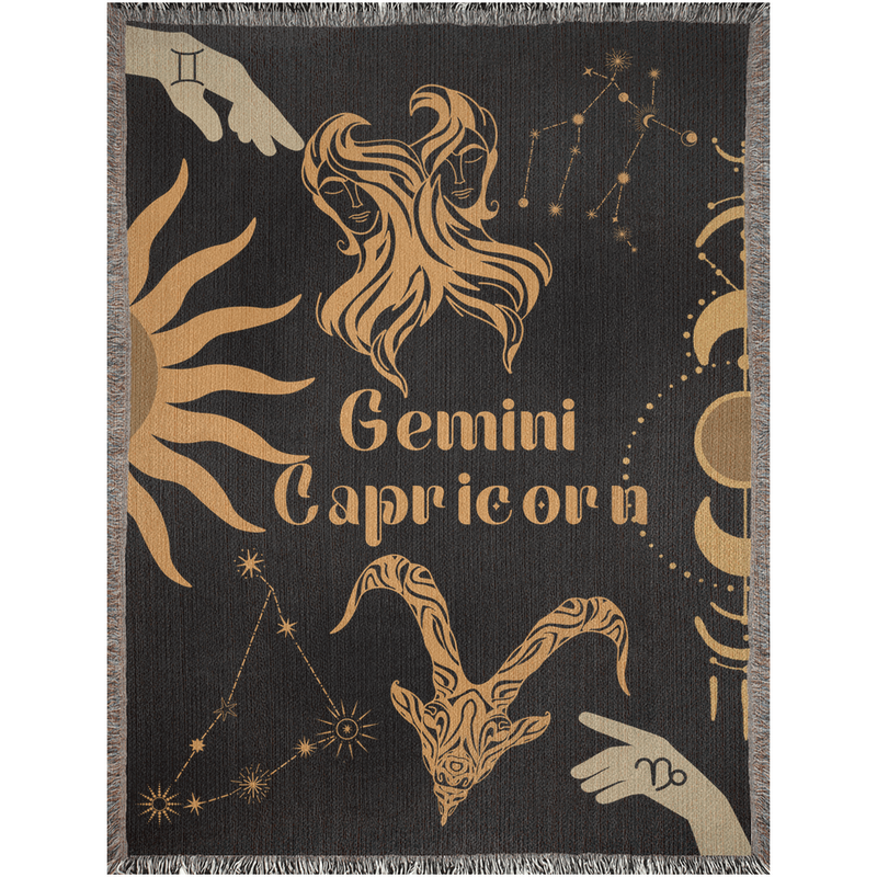 Capricorn and Gemini Zodiac Compatibility Woven Throw Tapestry - Elevate home decor with this boho-inspired, celestial charm blanket. Perfect for astrology enthusiasts, featuring Capricorn and Gemini sun signs, adding unique, artistic flair to your living space. Premium cotton, cozy, and decorative.