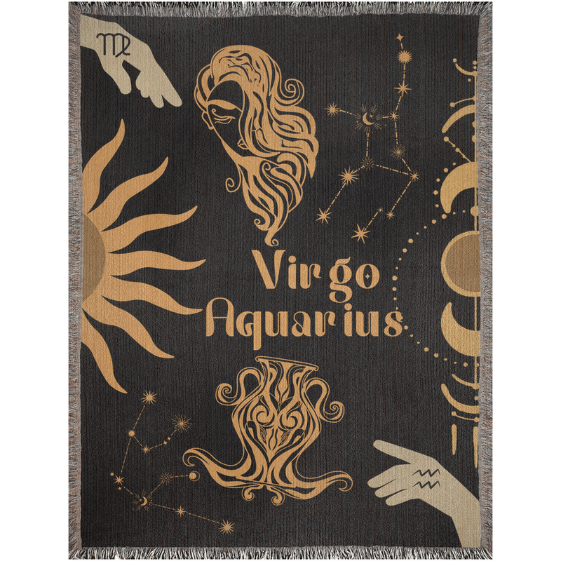 Zodiac Compatibility Match Woven Tapestry Throw Blanket | Astrology-inspired Home Decor | Virgo & Aquarius Horoscope