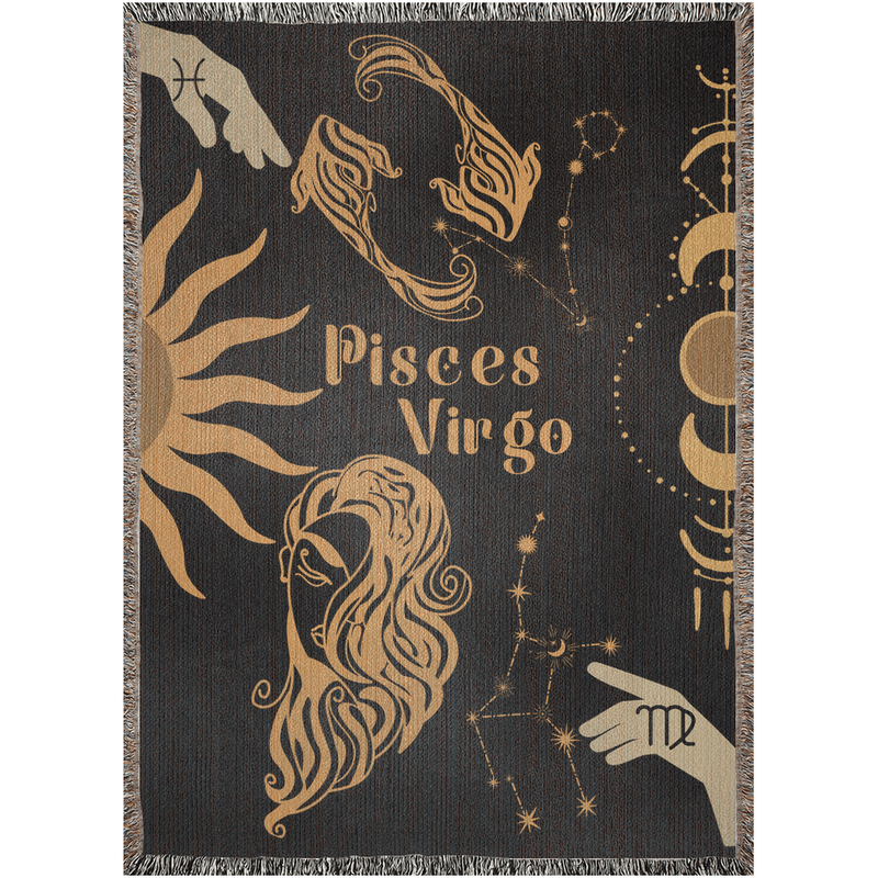 Virgo and Pisces Zodiac Compatibility Woven Throw Tapestry - Elevate home decor with this boho-inspired, celestial charm blanket. Perfect for astrology enthusiasts, featuring Virgo and Pisces sun signs, adding unique, artistic flair to your living space. Premium cotton, cozy, and decorative.