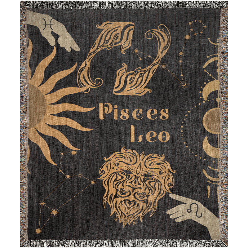 Leo and Pisces Zodiac Compatibility Woven Throw Tapestry - Elevate home decor with this boho-inspired, celestial charm blanket. Perfect for astrology enthusiasts, featuring Leo and Pisces sun signs, adding unique, artistic flair to your living space. Premium cotton, cozy, and decorative.