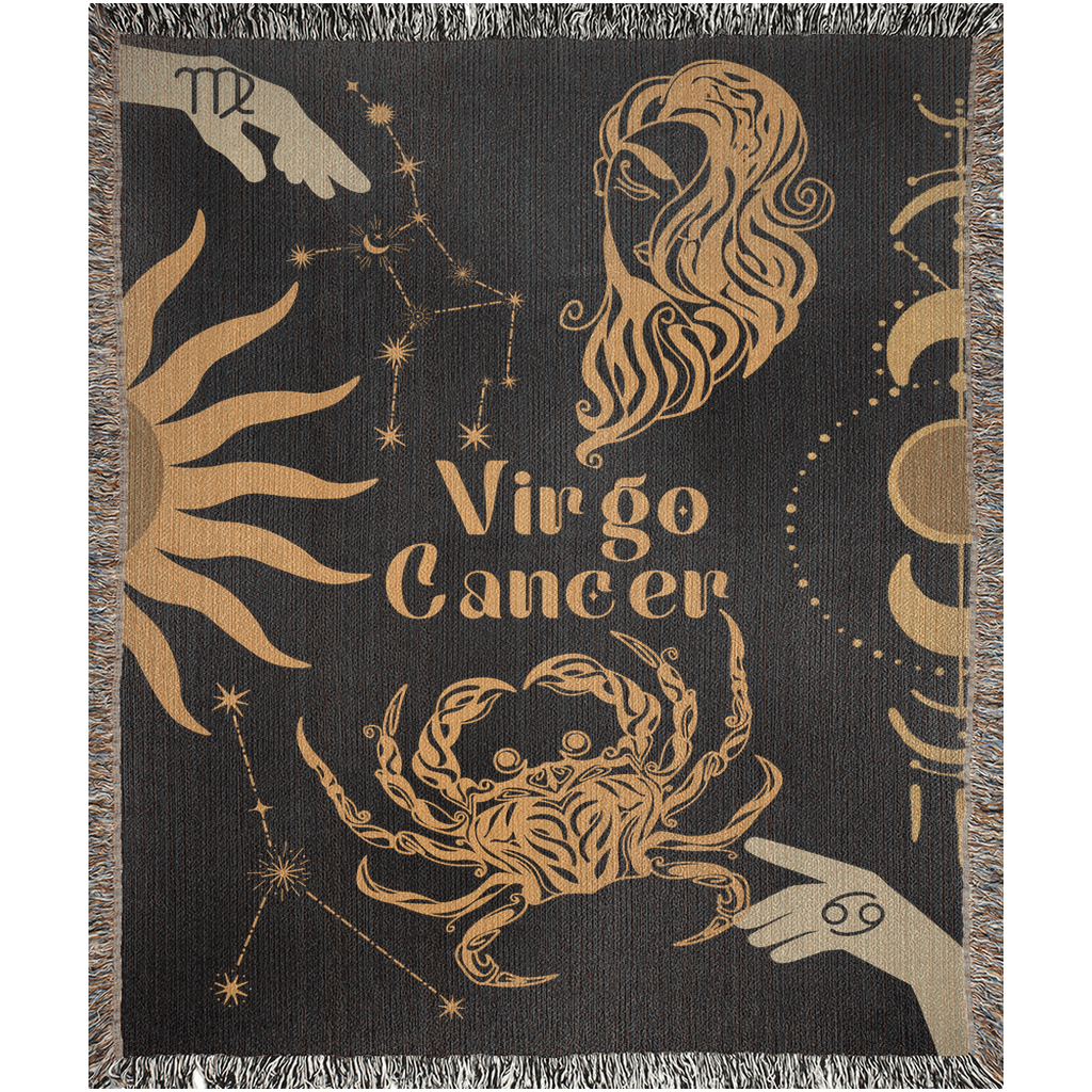 Cancer and Virgo Zodiac Compatibility Woven Throw Tapestry - Elevate home decor with this boho-inspired, celestial charm blanket. Perfect for astrology enthusiasts, featuring Cancer and Virgo sun signs, adding unique, artistic flair to your living space. Premium cotton, cozy, and decorative.