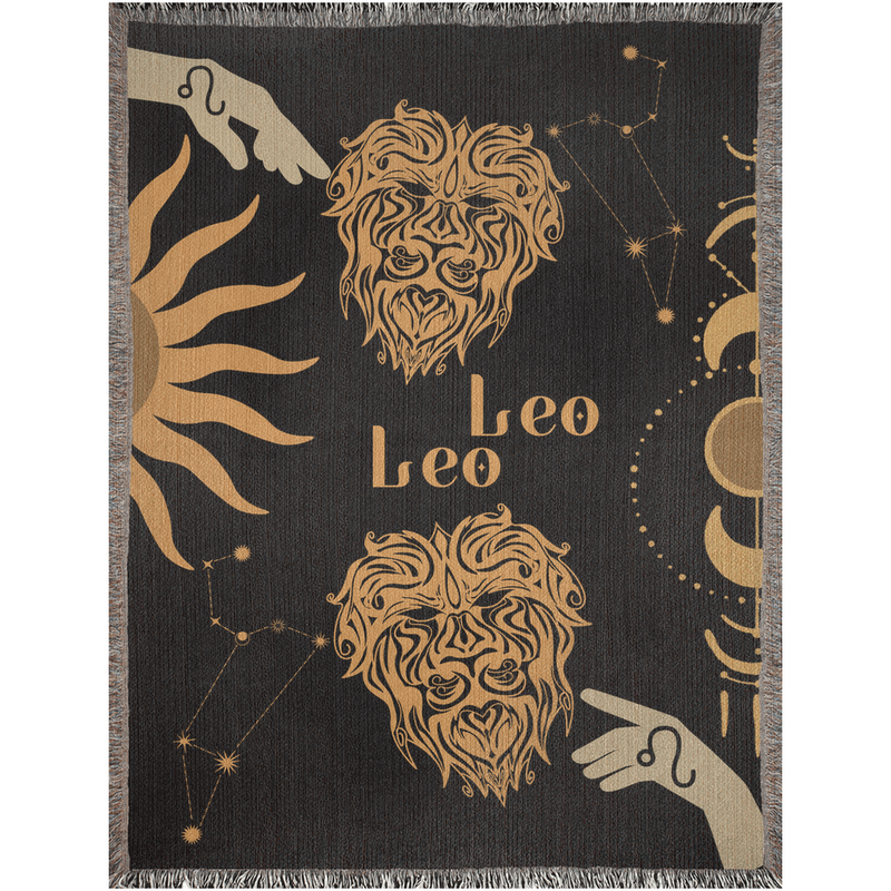 Leo and Leo Zodiac Compatibility Woven Throw Tapestry - Elevate home decor with this boho-inspired, celestial charm blanket. Perfect for astrology enthusiasts, featuring Leo and Leo sun signs, adding unique, artistic flair to your living space. Premium cotton, cozy, and decorative.