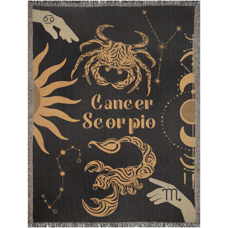 Cancer and Scorpio Zodiac Compatibility Woven Throw Tapestry - Elevate home decor with this boho-inspired, celestial charm blanket. Perfect for astrology enthusiasts, featuring Aries and Scorpio sun signs, adding unique, artistic flair to your living space. Premium cotton, cozy, and decorative.