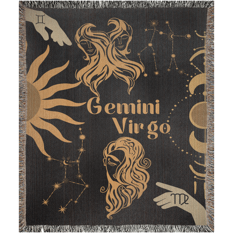 Virgo and Gemini Zodiac Compatibility Woven Throw Tapestry - Elevate home decor with this boho-inspired, celestial charm blanket. Perfect for astrology enthusiasts, featuring Virgo and Gemini sun signs, adding unique, artistic flair to your living space. Premium cotton, cozy, and decorative.