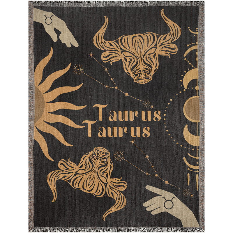 Taurus and Taurus Zodiac Compatibility Woven Throw Tapestry - Elevate home decor with this boho-inspired, celestial charm blanket. Perfect for astrology enthusiasts, featuring Taurus and Taurus sun signs, adding unique, artistic flair to your living space. Premium cotton, cozy, and decorative.