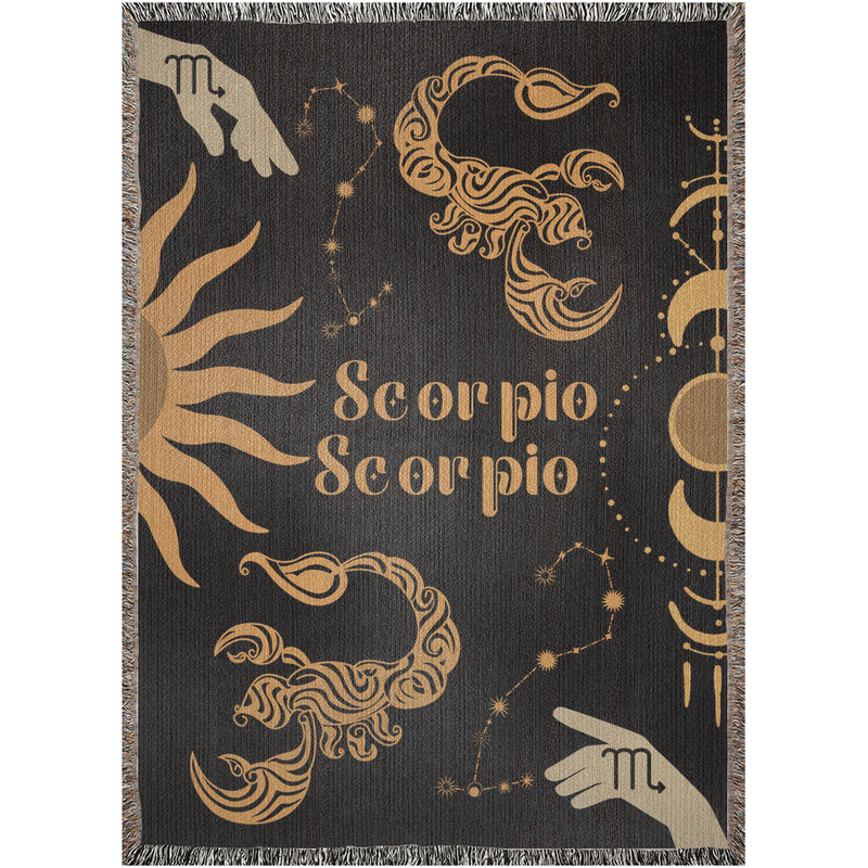 Scorpio and Scorpio Zodiac Compatibility Woven Throw Tapestry - Elevate home decor with this boho-inspired, celestial charm blanket. Perfect for astrology enthusiasts, featuring Scorpio and Scorpio sun signs, adding unique, artistic flair to your living space. Premium cotton, cozy, and decorative.