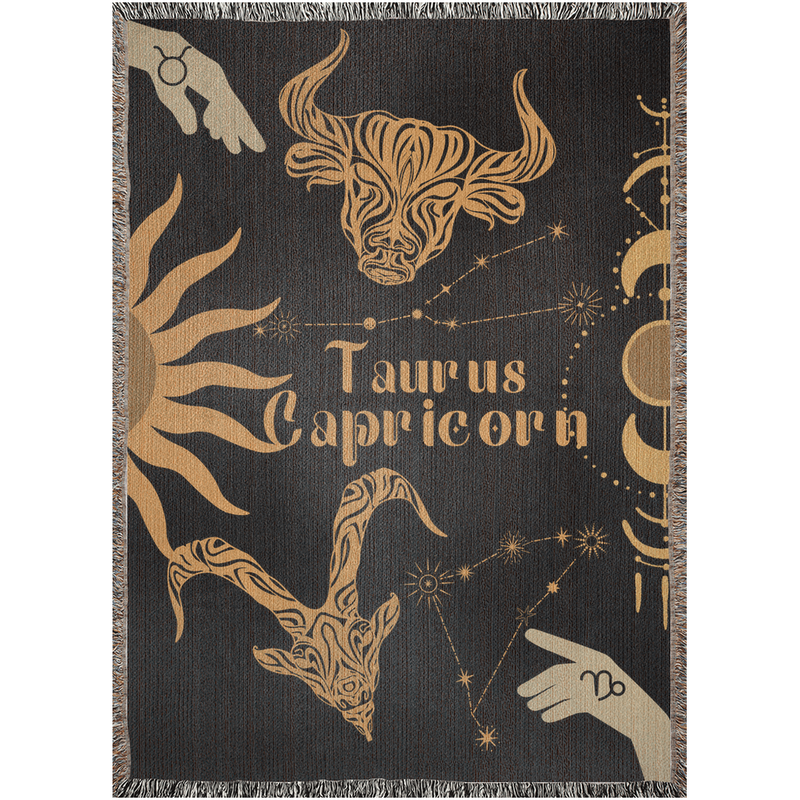 Capricorn and Taurus Zodiac Compatibility Woven Throw Tapestry - Elevate home decor with this boho-inspired, celestial charm blanket. Perfect for astrology enthusiasts, featuring Capricorn and Taurus sun signs, adding unique, artistic flair to your living space. Premium cotton, cozy, and decorative.