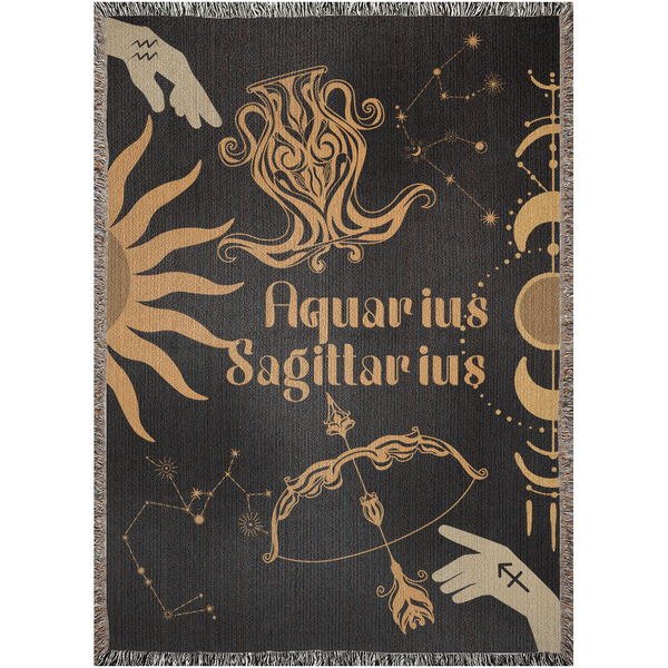 Zodiac Compatibility Match Woven Tapestry Throw Blanket | Astrology-inspired Home Decor | Aquarius & Sagittarius Horoscope
