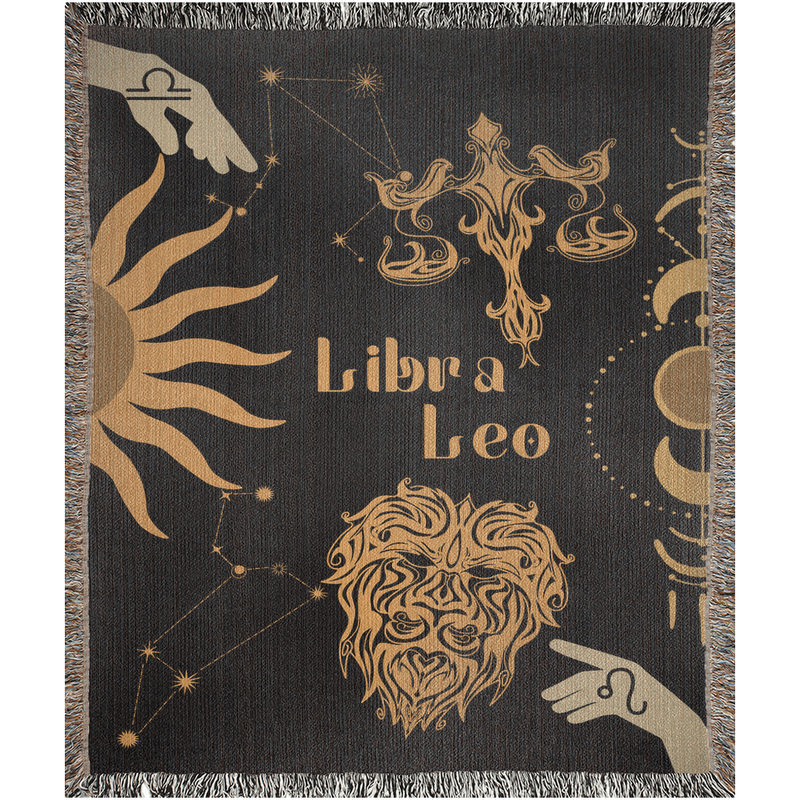 Leo and Libra Zodiac Compatibility Woven Throw Tapestry - Elevate home decor with this boho-inspired, celestial charm blanket. Perfect for astrology enthusiasts, featuring Leo and Libra sun signs, adding unique, artistic flair to your living space. Premium cotton, cozy, and decorative.