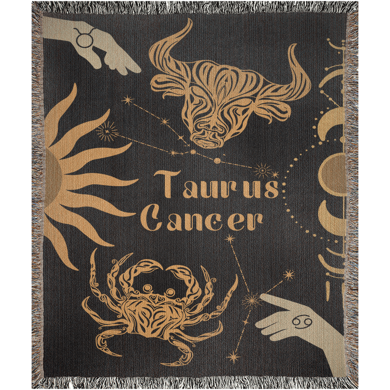 Cancer and Taurus Zodiac Compatibility Woven Throw Tapestry - Elevate home decor with this boho-inspired, celestial charm blanket. Perfect for astrology enthusiasts, featuring Cancer and Taurus sun signs, adding unique, artistic flair to your living space. Premium cotton, cozy, and decorative.