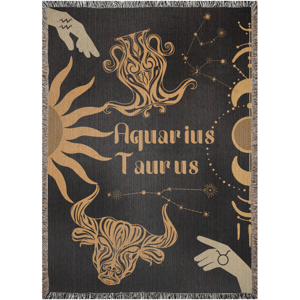 Zodiac Compatibility Match Woven Tapestry Throw Blanket | Astrology-inspired Home Decor | Aquarius & Taurus Horoscope