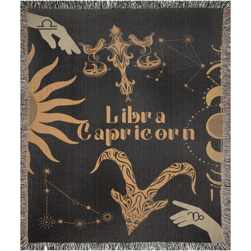 Capricorn and Libra Zodiac Compatibility Woven Throw Tapestry - Elevate home decor with this boho-inspired, celestial charm blanket. Perfect for astrology enthusiasts, featuring Capricorn and Libra sun signs, adding unique, artistic flair to your living space. Premium cotton, cozy, and decorative.