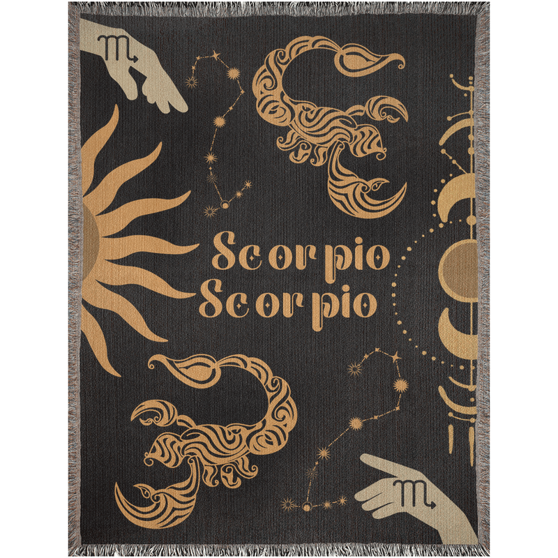 Scorpio and Scorpio Zodiac Compatibility Woven Throw Tapestry - Elevate home decor with this boho-inspired, celestial charm blanket. Perfect for astrology enthusiasts, featuring Scorpio and Scorpio sun signs, adding unique, artistic flair to your living space. Premium cotton, cozy, and decorative.