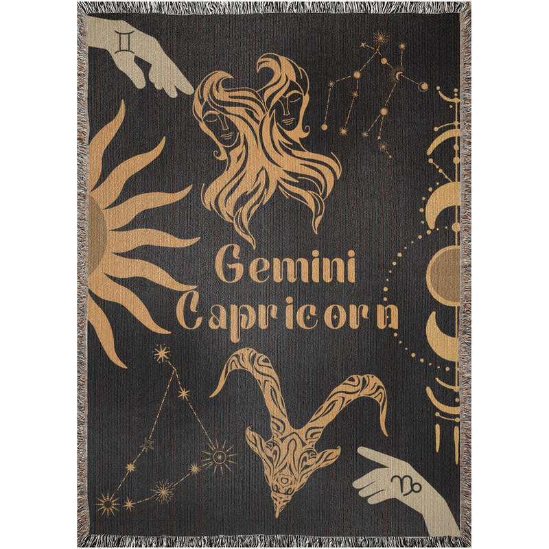 Capricorn and Gemini Zodiac Compatibility Woven Throw Tapestry - Elevate home decor with this boho-inspired, celestial charm blanket. Perfect for astrology enthusiasts, featuring Capricorn and Gemini sun signs, adding unique, artistic flair to your living space. Premium cotton, cozy, and decorative.