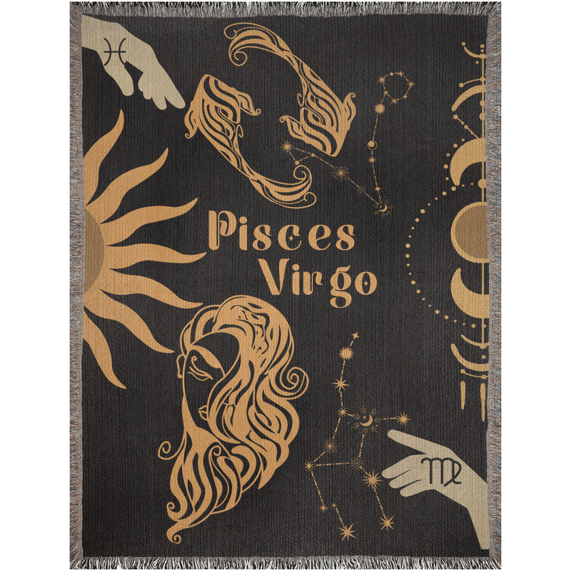 Virgo and Pisces Zodiac Compatibility Woven Throw Tapestry - Elevate home decor with this boho-inspired, celestial charm blanket. Perfect for astrology enthusiasts, featuring Virgo and Pisces sun signs, adding unique, artistic flair to your living space. Premium cotton, cozy, and decorative.