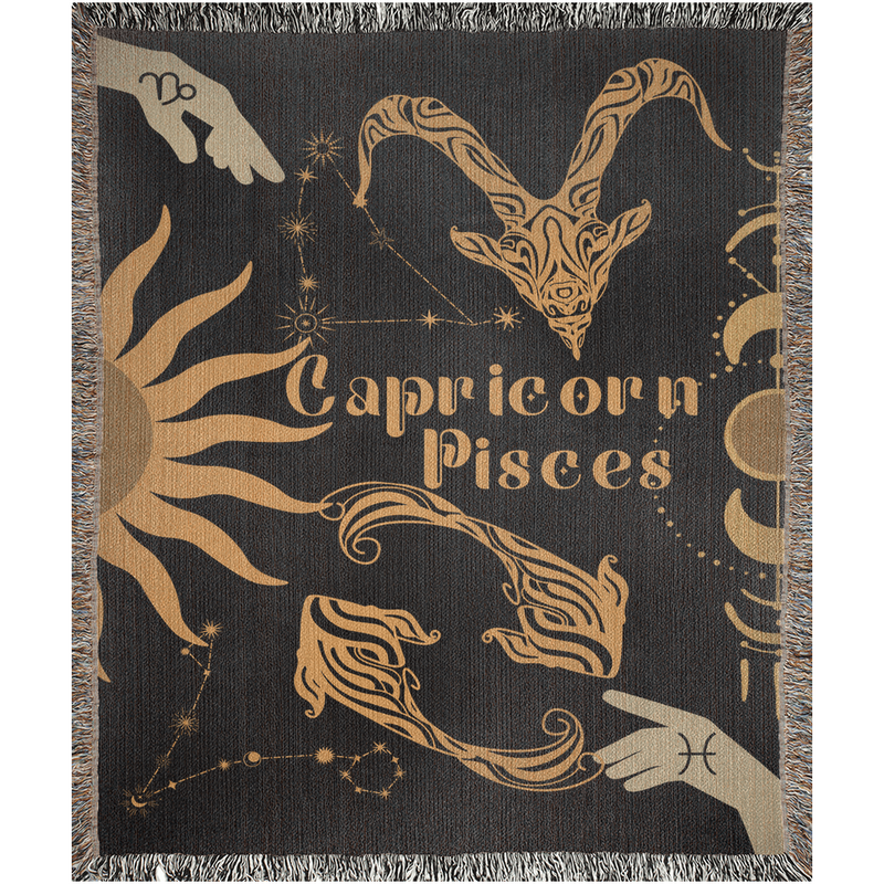 Capricorn and Pisces Zodiac Compatibility Woven Throw Tapestry - Elevate home decor with this boho-inspired, celestial charm blanket. Perfect for astrology enthusiasts, featuring Capricorn and Pisces sun signs, adding unique, artistic flair to your living space. Premium cotton, cozy, and decorative.