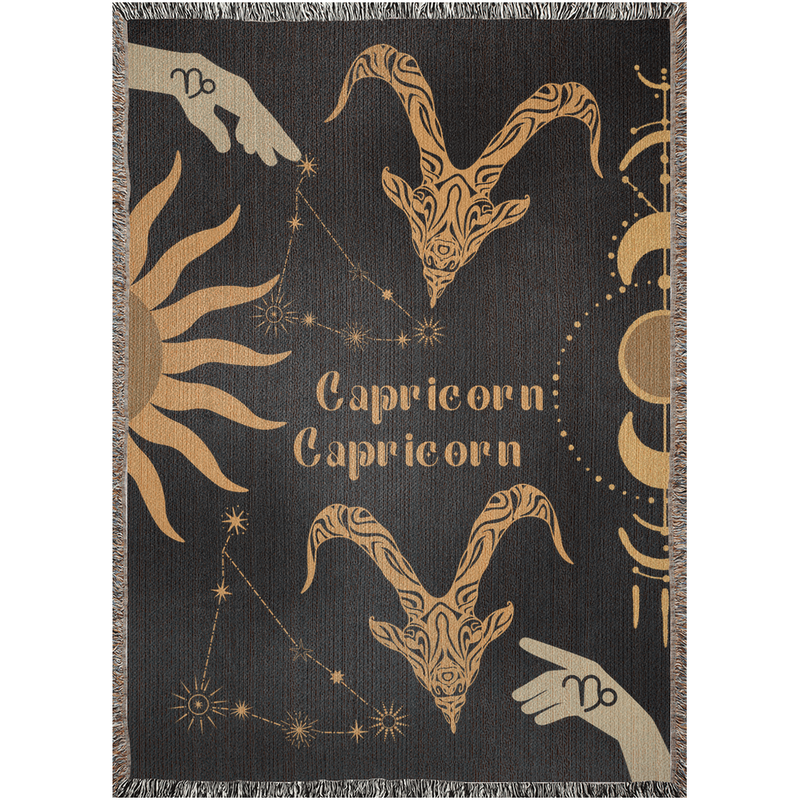 Capricorn and Capricorn Zodiac Compatibility Woven Throw Tapestry - Elevate home decor with this boho-inspired, celestial charm blanket. Perfect for astrology enthusiasts, featuring Capricorn and Capricorn sun signs, adding unique, artistic flair to your living space. Premium cotton, cozy, and decorative.