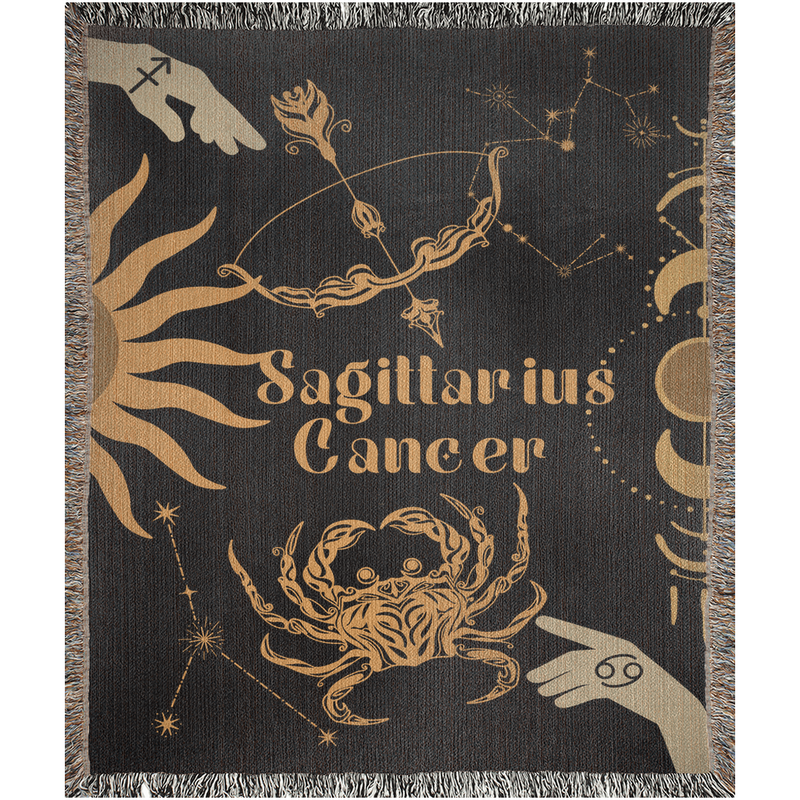 Cancer and Sagittarius Zodiac Compatibility Woven Throw Tapestry - Elevate home decor with this boho-inspired, celestial charm blanket. Perfect for astrology enthusiasts, featuring Cancer and Sagittarius sun signs, adding unique, artistic flair to your living space. Premium cotton, cozy, and decorative.