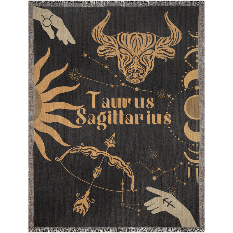 Taurus and Sagittarius Zodiac Compatibility Woven Throw Tapestry - Elevate home decor with this boho-inspired, celestial charm blanket. Perfect for astrology enthusiasts, featuring Taurus and Sagittarius sun signs, adding unique, artistic flair to your living space. Premium cotton, cozy, and decorative.