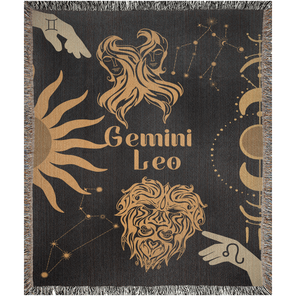 Gemini and Leo Zodiac Compatibility Woven Throw Tapestry - Elevate home decor with this boho-inspired, celestial charm blanket. Perfect for astrology enthusiasts, featuring Gemini and Leo sun signs, adding unique, artistic flair to your living space. Premium cotton, cozy, and decorative.