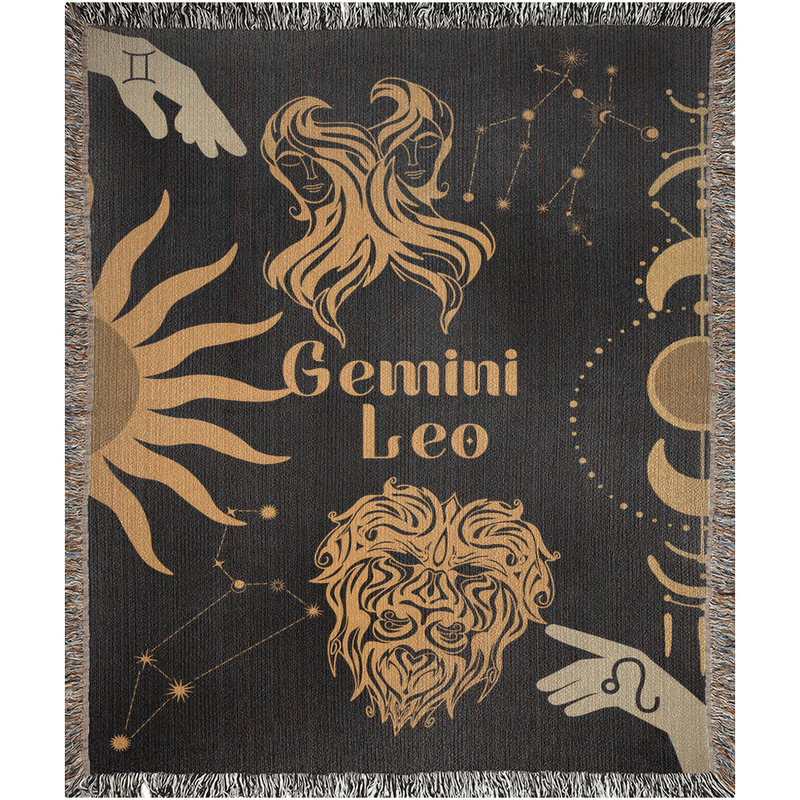 Gemini and Leo Zodiac Compatibility Woven Throw Tapestry - Elevate home decor with this boho-inspired, celestial charm blanket. Perfect for astrology enthusiasts, featuring Gemini and Leo sun signs, adding unique, artistic flair to your living space. Premium cotton, cozy, and decorative.