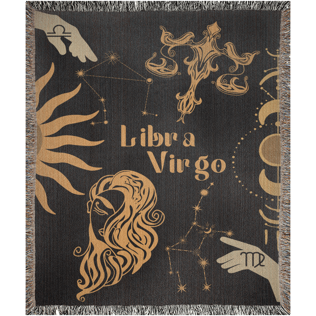 Virgo and Libra Zodiac Compatibility Woven Throw Tapestry - Elevate home decor with this boho-inspired, celestial charm blanket. Perfect for astrology enthusiasts, featuring Virgo and Libra sun signs, adding unique, artistic flair to your living space. Premium cotton, cozy, and decorative.