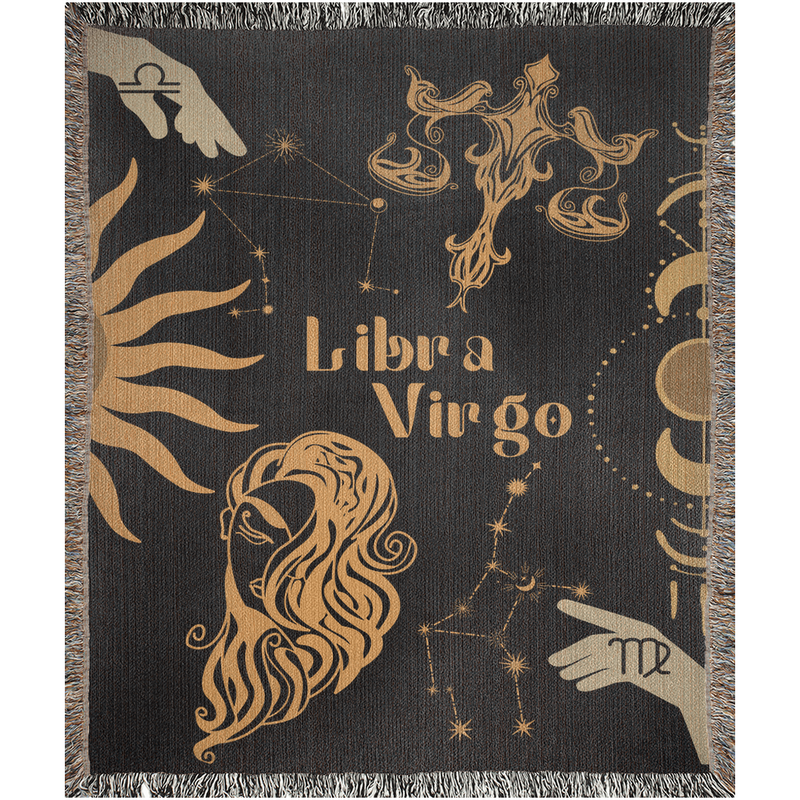 Virgo and Libra Zodiac Compatibility Woven Throw Tapestry - Elevate home decor with this boho-inspired, celestial charm blanket. Perfect for astrology enthusiasts, featuring Virgo and Libra sun signs, adding unique, artistic flair to your living space. Premium cotton, cozy, and decorative.