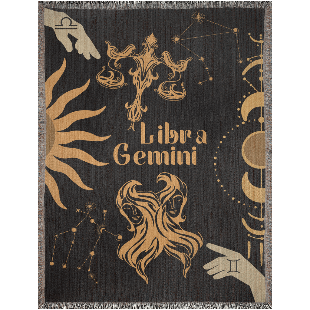 Gemini and Libra Zodiac Compatibility Woven Throw Tapestry - Elevate home decor with this boho-inspired, celestial charm blanket. Perfect for astrology enthusiasts, featuring Gemini and Libra sun signs, adding unique, artistic flair to your living space. Premium cotton, cozy, and decorative.