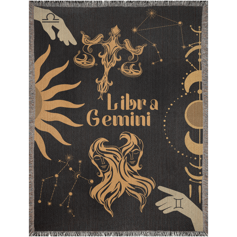 Gemini and Libra Zodiac Compatibility Woven Throw Tapestry - Elevate home decor with this boho-inspired, celestial charm blanket. Perfect for astrology enthusiasts, featuring Gemini and Libra sun signs, adding unique, artistic flair to your living space. Premium cotton, cozy, and decorative.