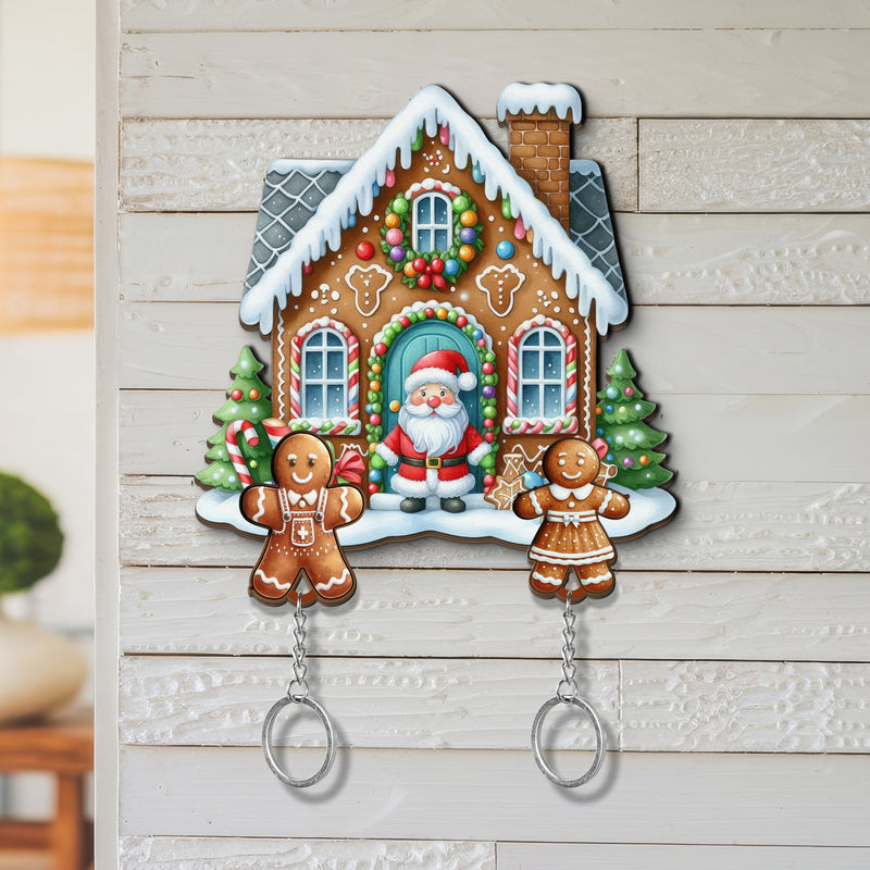 Wooden Key Holder for wall - Unique Housewarming Gift | Useful Key Ring Organizer - Christmas Gingerbread House