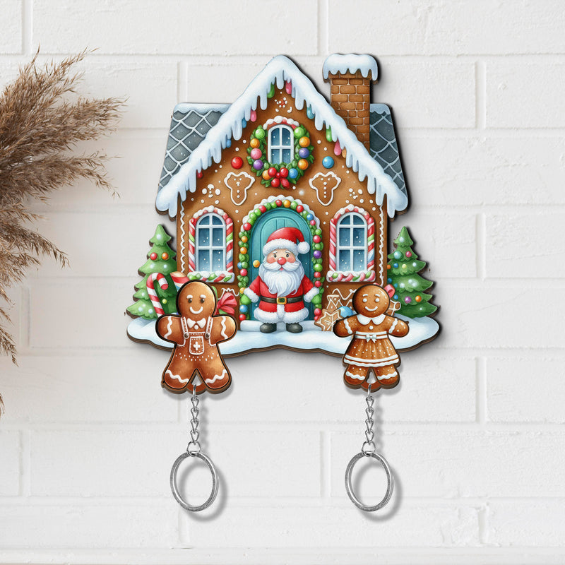 Wooden Key Holder for wall - Unique Housewarming Gift | Useful Key Ring Organizer - Christmas Gingerbread House