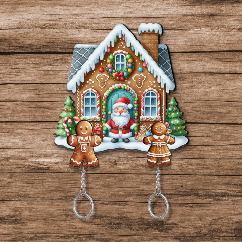 Wooden Key Holder for wall - Unique Housewarming Gift | Useful Key Ring Organizer - Christmas Gingerbread House