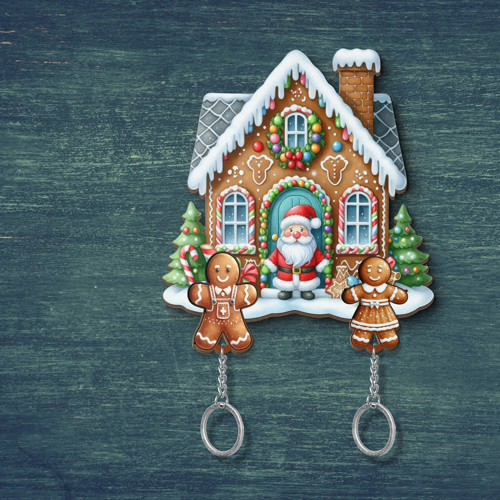 Wooden Key Holder for wall - Unique Housewarming Gift | Useful Key Ring Organizer - Christmas Gingerbread House