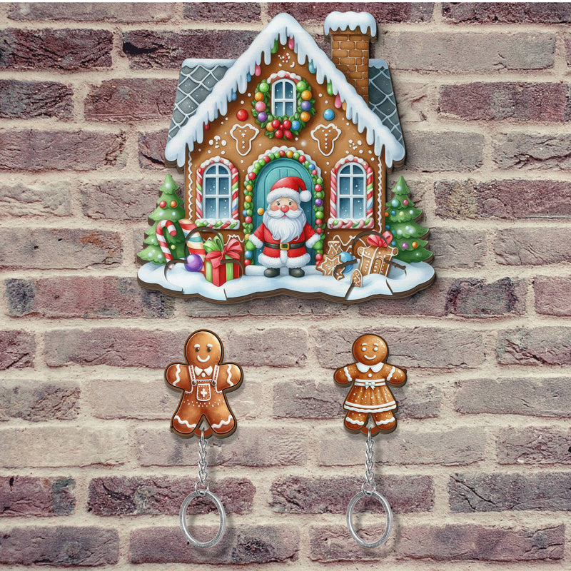 Wooden Key Holder for wall - Unique Housewarming Gift | Useful Key Ring Organizer - Christmas Gingerbread House