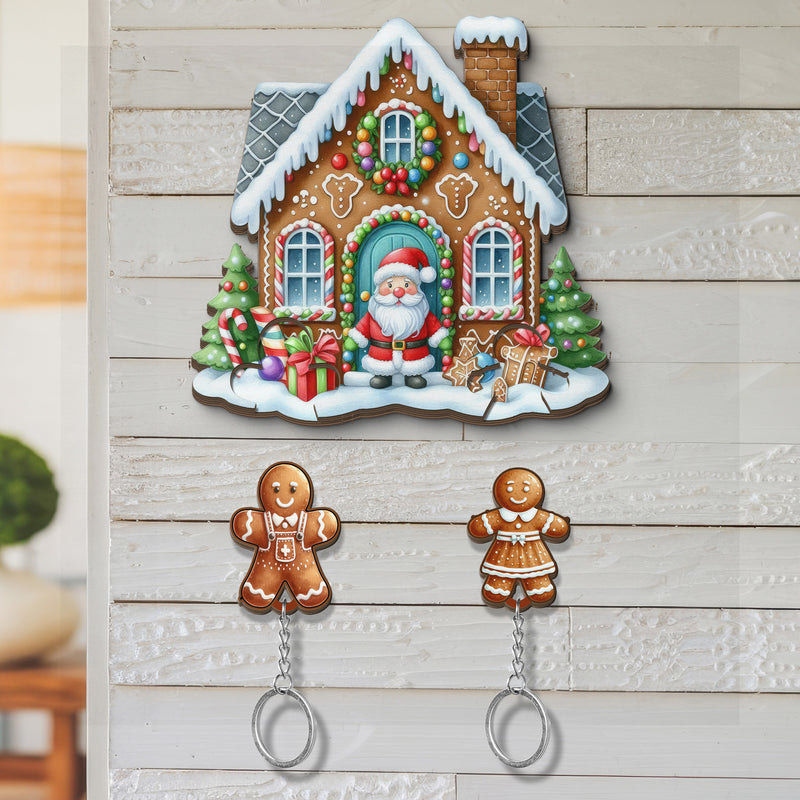 Wooden Key Holder for wall - Unique Housewarming Gift | Useful Key Ring Organizer - Christmas Gingerbread House