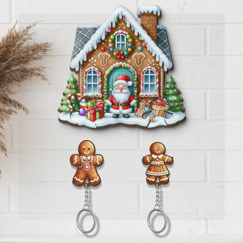 Wooden Key Holder for wall - Unique Housewarming Gift | Useful Key Ring Organizer - Christmas Gingerbread House