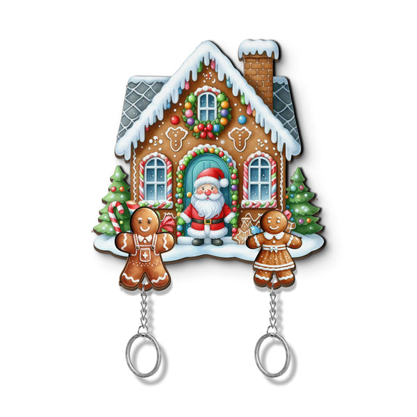 Wooden Key Holder for wall - Unique Housewarming Gift | Useful Key Ring Organizer - Christmas Gingerbread House