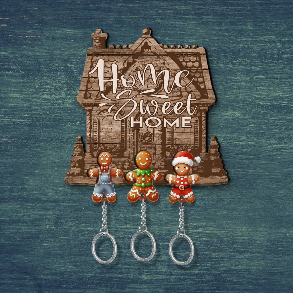 Wooden Key Holder for wall - Unique Housewarming Gift | Useful Key Ring Organizer - Gingerbread men